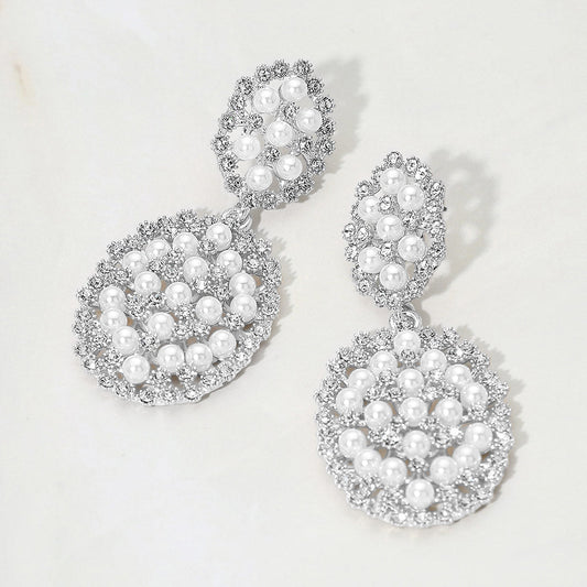 Pearl Rhinestone Embellished Cluster Drop Evening Earrings