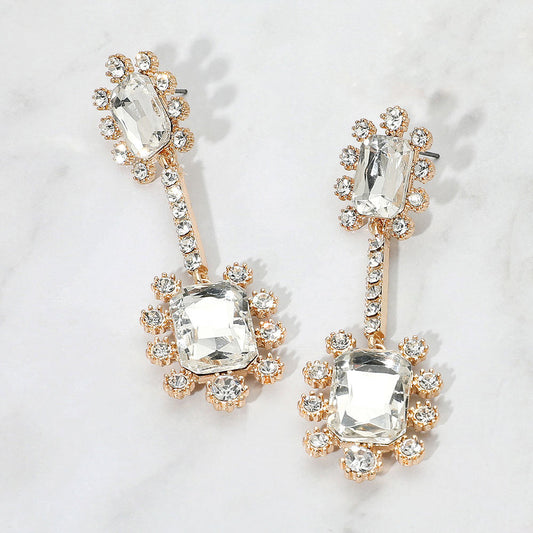 Double Emerald Cut Stone Accented Dangle Evening Earrings