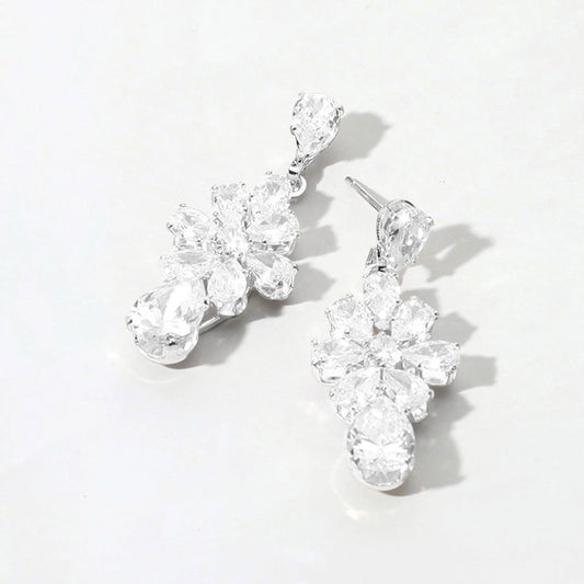 Flower CZ Stone Cluster Teardrop Dangle Evening Earrings