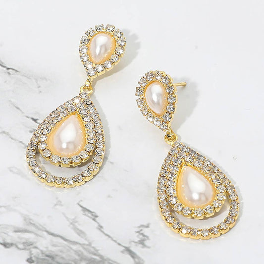 Teardrop Pearl Accent Rhinestone Pave Trim Drop Evening Earrings