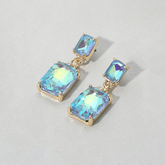 Rectangular Glass Stone Cluster Dangle Evening Earrings