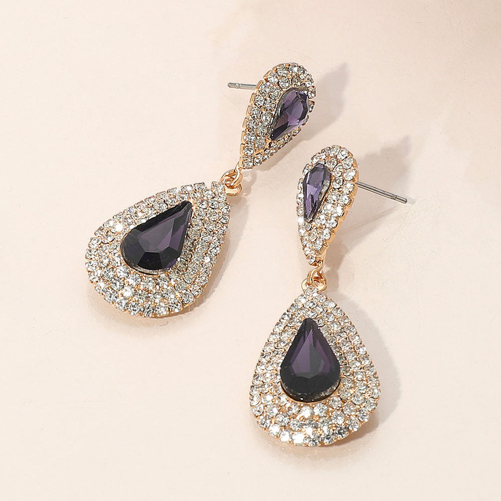 Rhinestone Trim Teardrop Stone Accented Evening Earrings