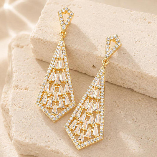 CZ Tapered Baguette Stone Cluster Dangle Evening Earrings