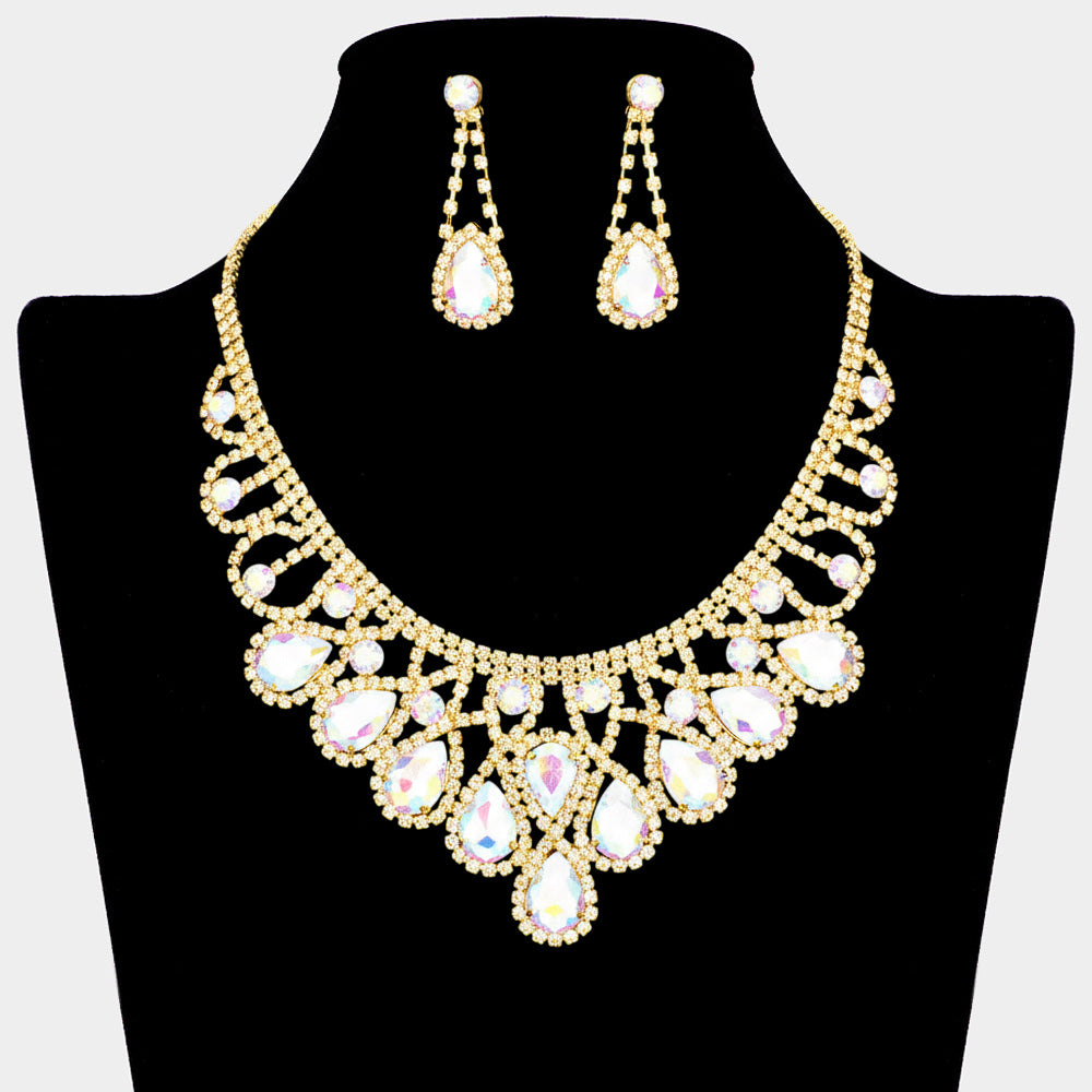 Crystal Teardrop Rhinestone Pave Evening Necklace