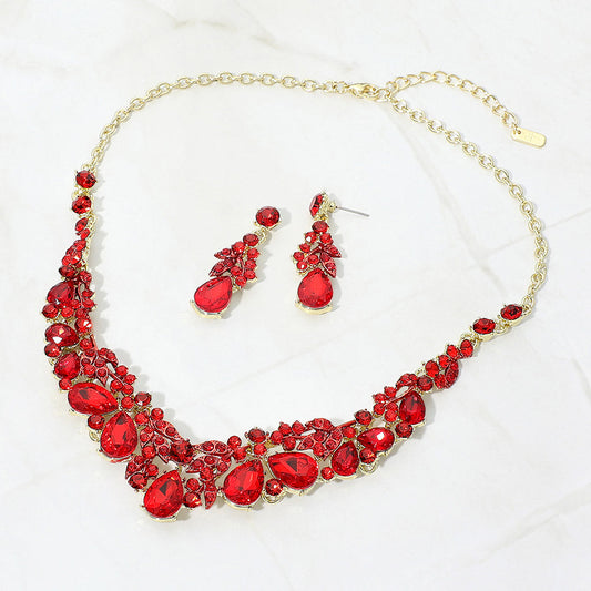 Teardrop Stone Cluster Rhinestone Leaf Vine Evening Necklace