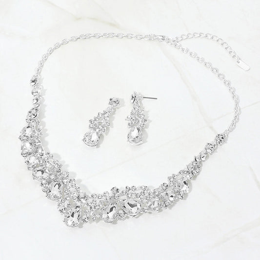 Teardrop Stone Cluster Rhinestone Leaf Vine Evening Necklace