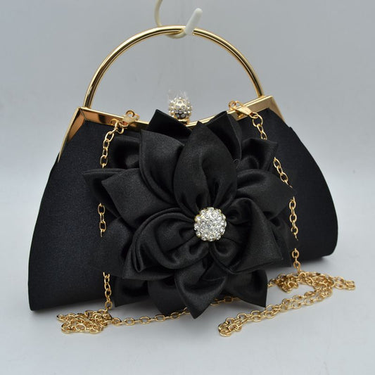 Evening Clutch Bag with Large Fabric Flower and Metal Top Handle