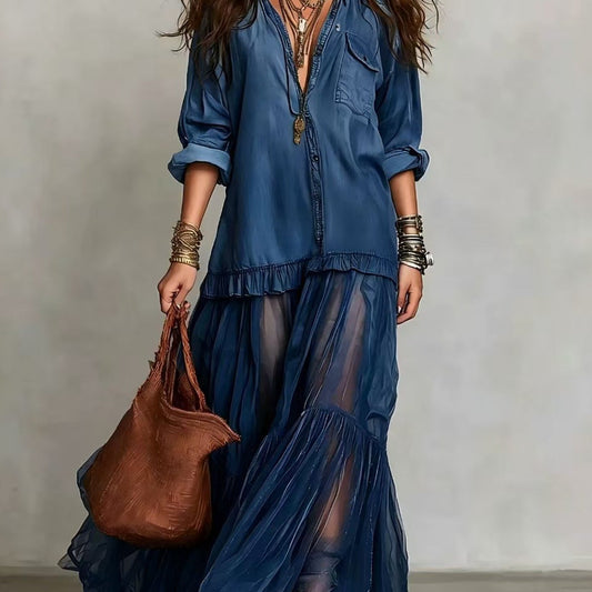 Women's Vintage Denim-Look Long Sleeve A-Line Maxi Dress – 6 Colors S–3XL