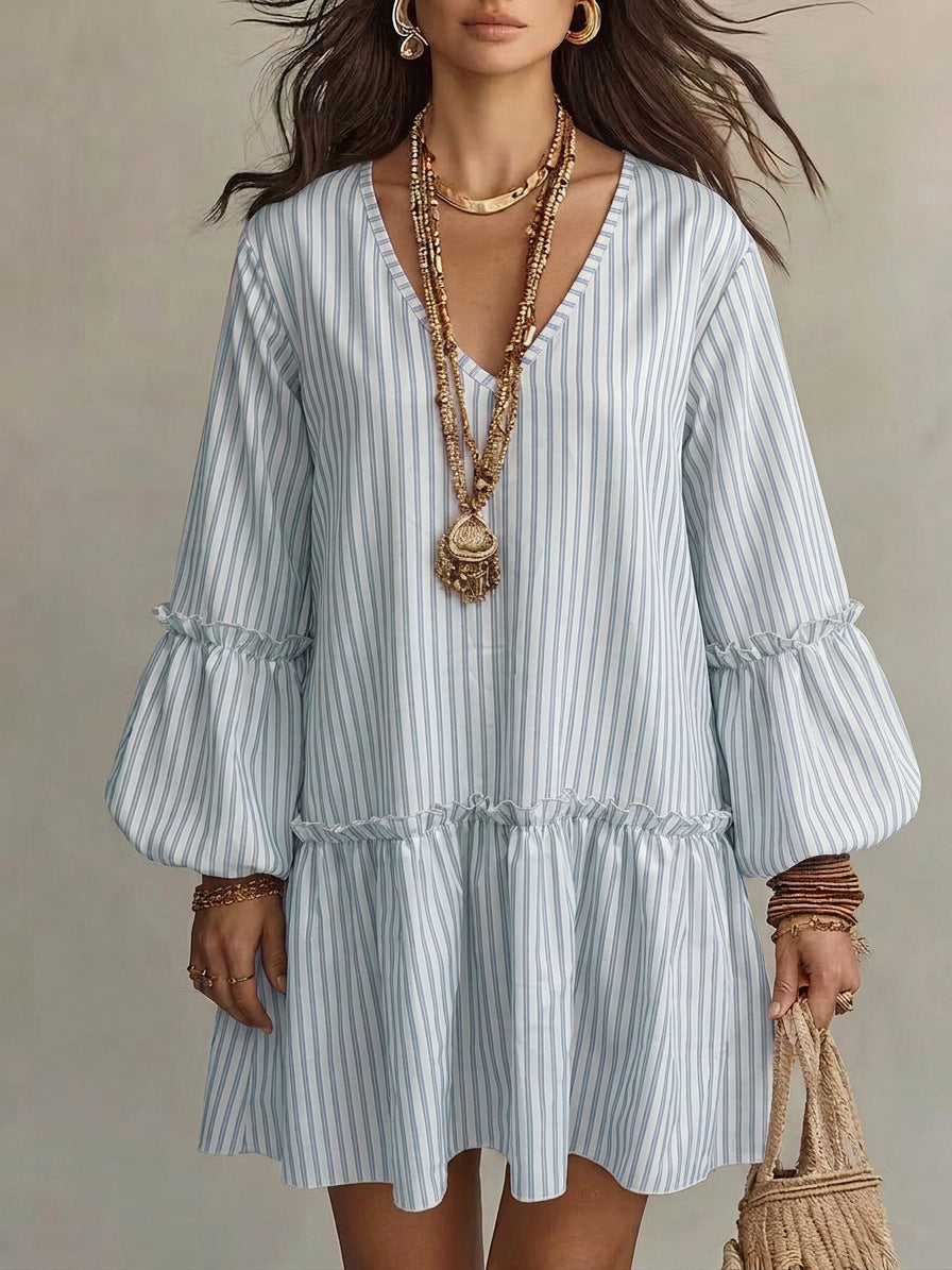 Women's Stripe Print V-Neck Lantern Sleeve Mini Dress