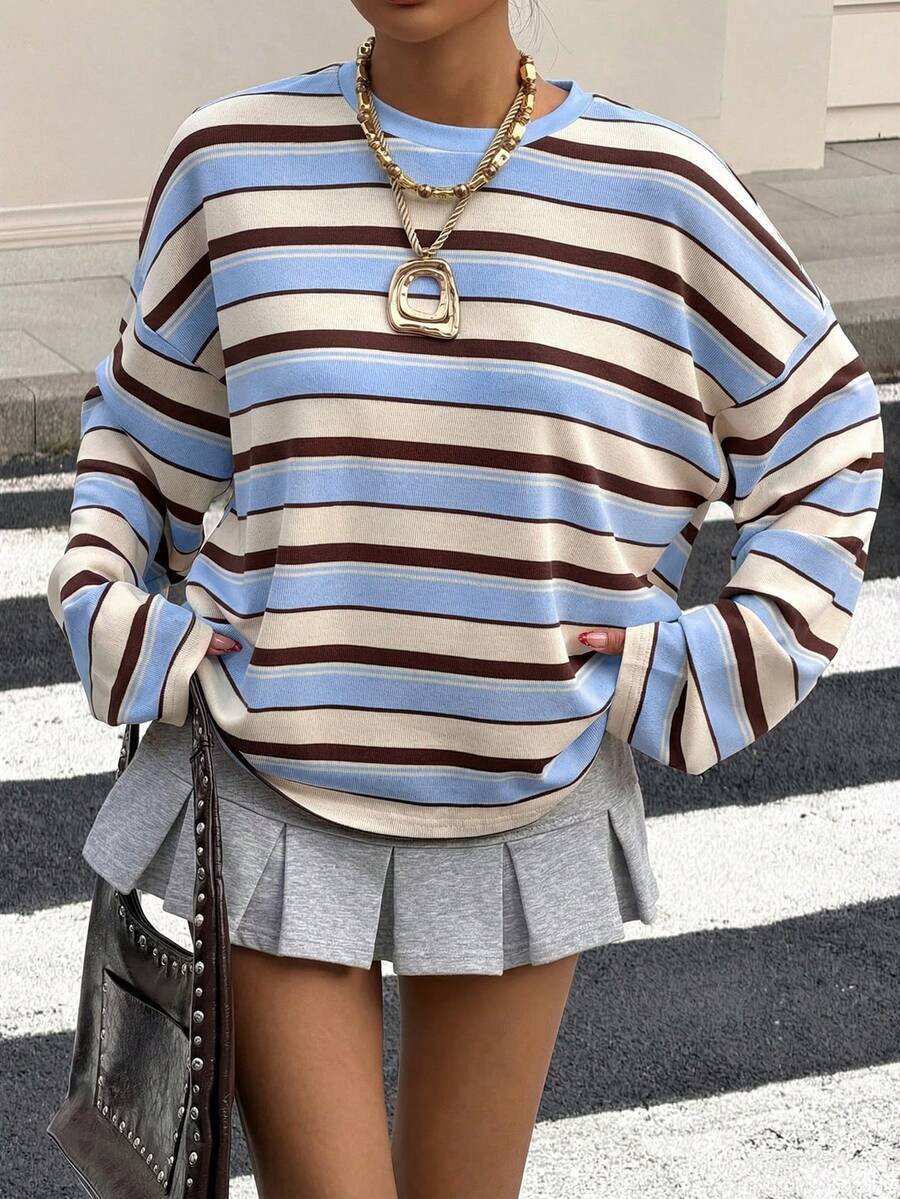 Women's Striped Oversized Pullover Sweatshirt – Round Neck Long Sleeve Top