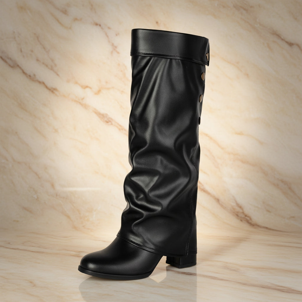 Women's Tall Fold-Over Cuff Knee-High Boots – Gold Stud Detail Chunky Heel