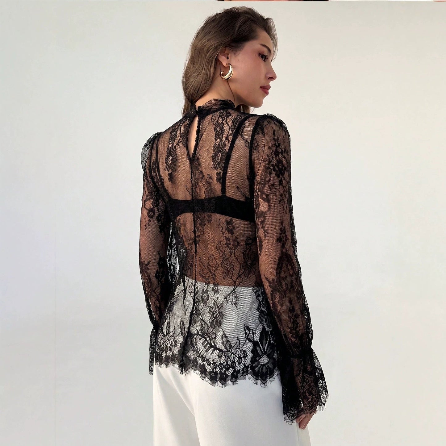 Lace Hollow-Out Long Sleeve Top – Half-High Collar Sheer Knit