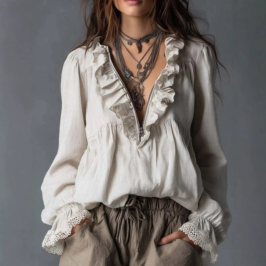 Women's V-Neck Ruffle Trim Flared Cuff Long Sleeve Blouse