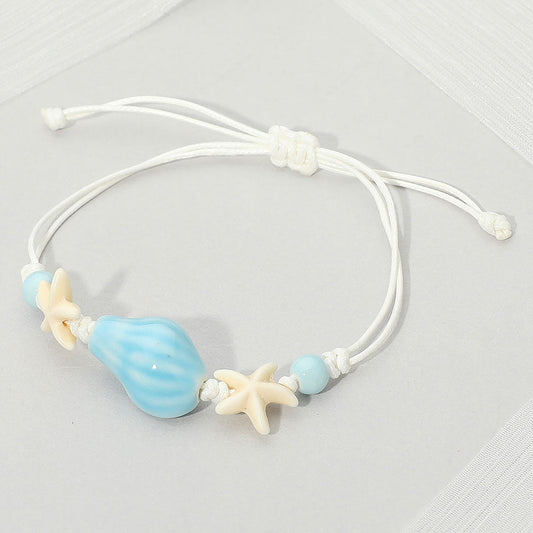 Women's Ceramic Conch Shell Starfish Beaded Adjustable Cinch Pull Tie Bracelet