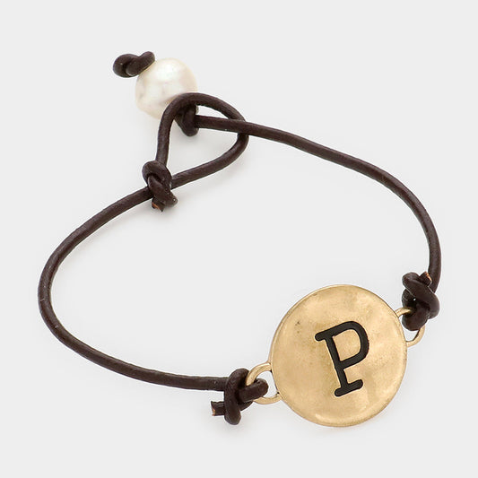 -P- Initial Monogram Metal Disc Pearl Pointed Bracelet
