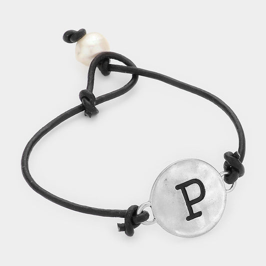 -P- Initial Monogram Metal Disc Pearl Pointed Bracelet