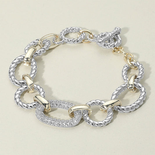 14K Gold Plated CZ Stone Paved Link Accent Two Tone Chunky Chain Link Bracelet