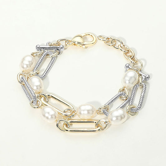 14K Gold Plated Two Tone Mixed Chain Pearl Link Layered Bracelet