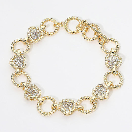 14K Gold Plated CZ Heart Charm Link Toggle Bracelet