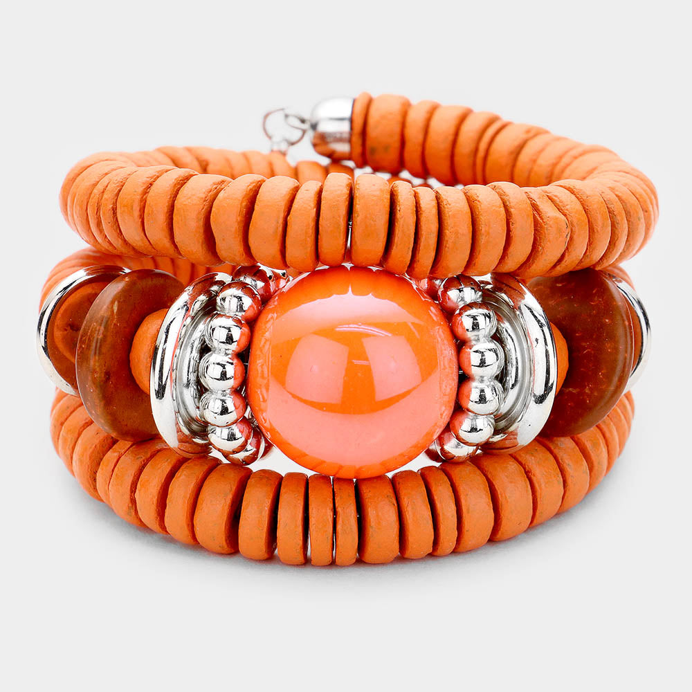 Resin Ball Accented Wood Beaded Adjustable Bracelet