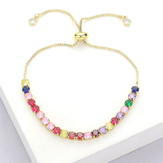 Stainless Steel Round CZ Stone Tennis Chain Pull Tie Adjustable Bracelet