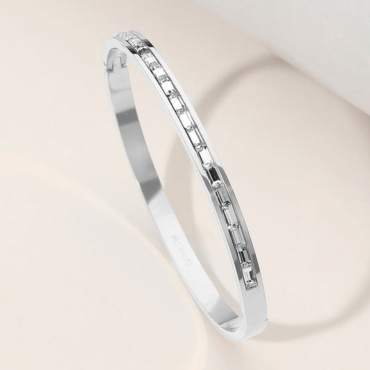 Stainless Steel Baguette Stone Paved Hinged Bangle Bracelet