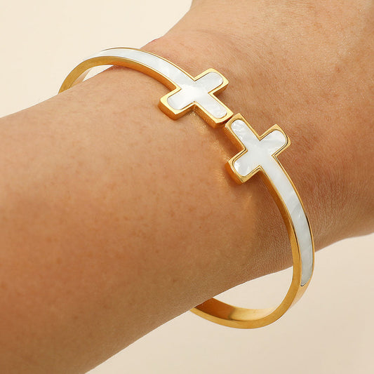 Stainless Steel Mother of Pearl Double Cross Tip Hinged Bangle Bracelet