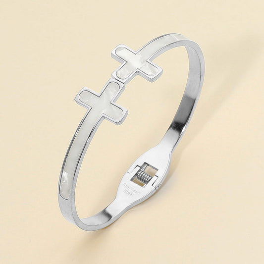 Stainless Steel Mother of Pearl Double Cross Tip Hinged Bangle Bracelet