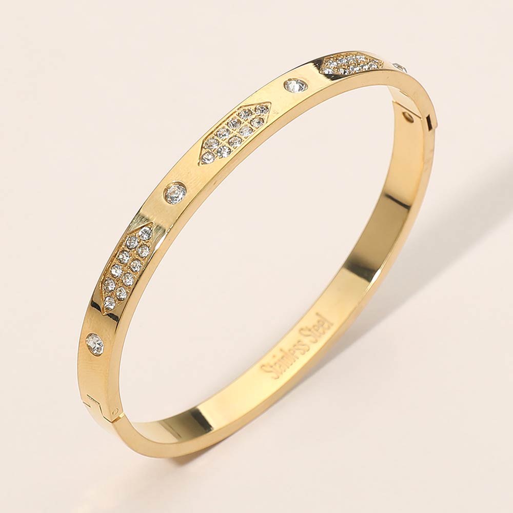 Stainless Steel Geometric CZ Detail Hinged Bangle Bracelet