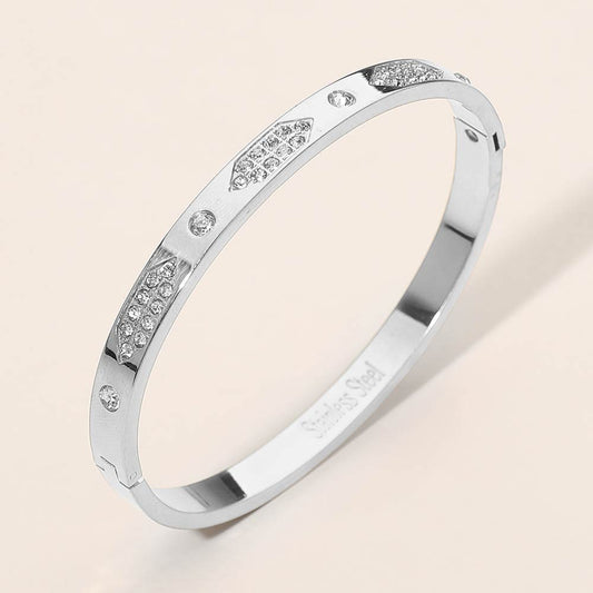 Stainless Steel Geometric CZ Detail Hinged Bangle Bracelet
