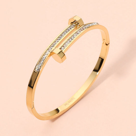 Stainless Steel CZ Stone Paved Nail Head Tip Hinged Bangle Bracelet