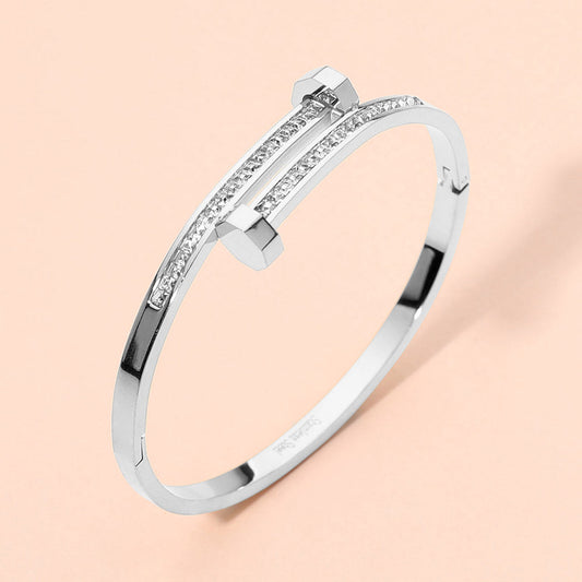 Stainless Steel CZ Stone Paved Nail Head Tip Hinged Bangle Bracelet