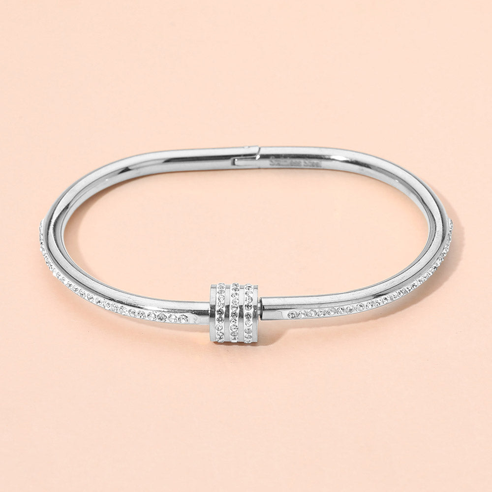 Stainless Steel CZ Stone Accent Hinged Bangle Bracelet