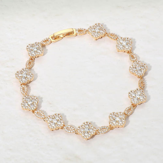14K Gold Plated CZ Pave Quatrefoil Link Bracelet