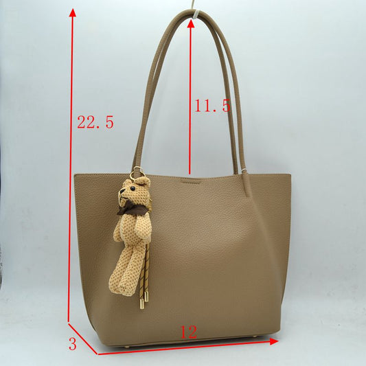 Pebbled Tote Bag with Dual Long Handles and Bear Charm Accent