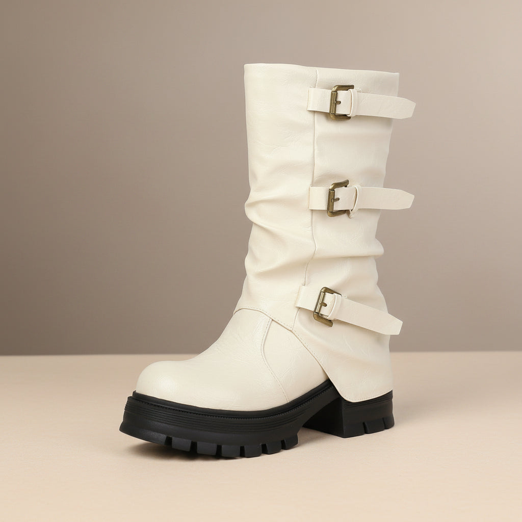 Women's Triple Buckle Moto Boots – Distressed PU Chunky Platform Block Heel