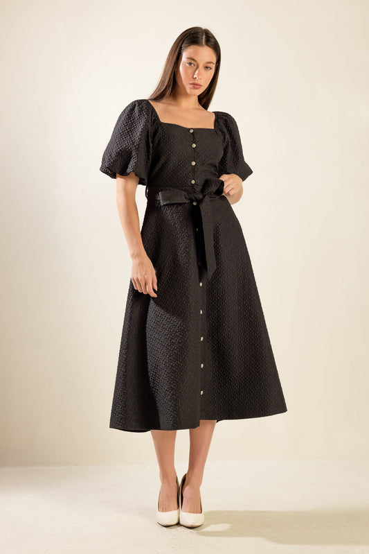 NOIR HERITAGE BLACK TEXTURED BUTTON-FRONT BELTED MIDI DRESS