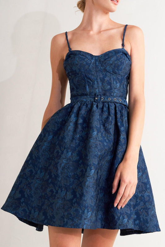 NAVY ROMANCE WOVEN JACQUARD MINI DRESS