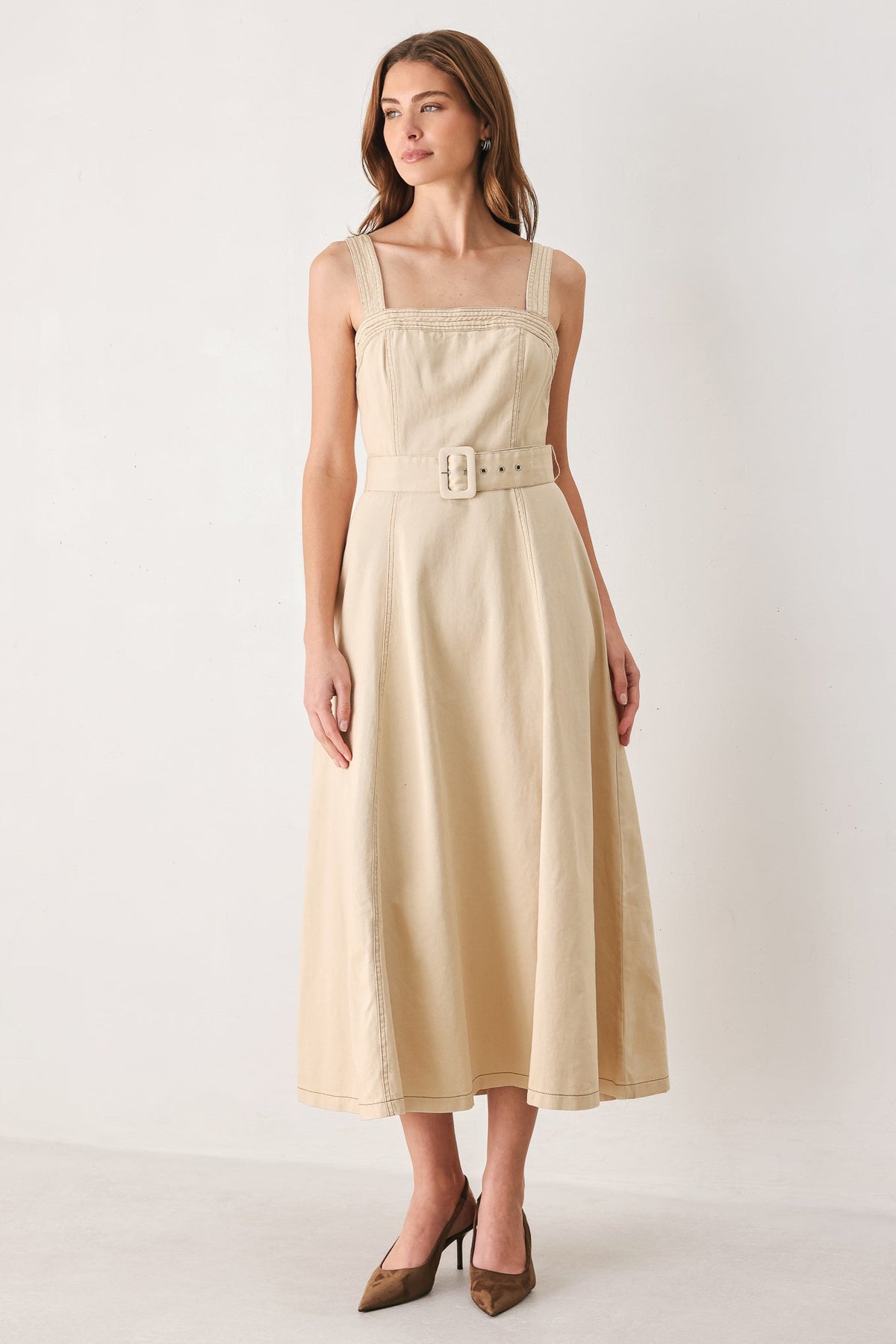 ELEVATED NEUTRAL WOVEN MIDI DRESS