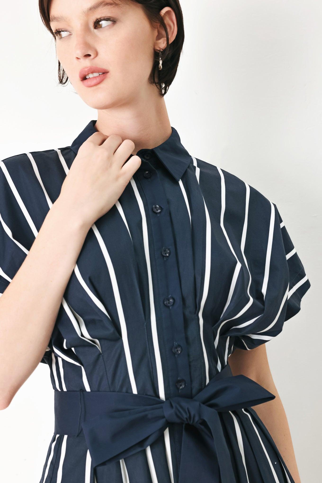 PINSTRIPE STORY WOVEN MIDI DRESS