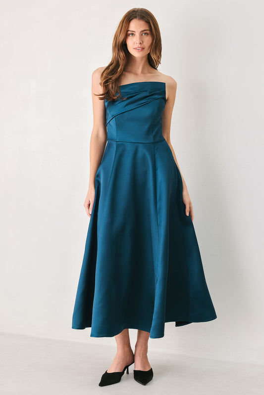 TEAL TEMPO ASYMMETRICAL STRAPLESS CIRCLE-SKIRT MIDI DRESS