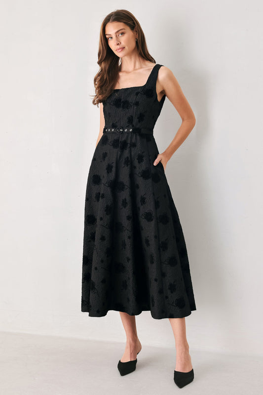 MIDNIGHT DRAMA BLACK STATEMENT MIDI DRESS