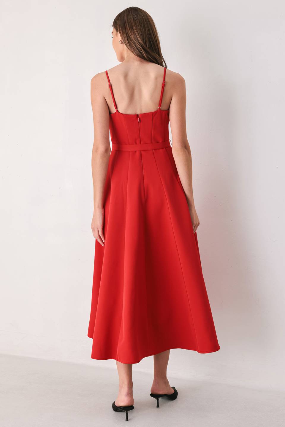 SCARLET PROMISE RED SWEETHEART BELTED MIDI DRESS