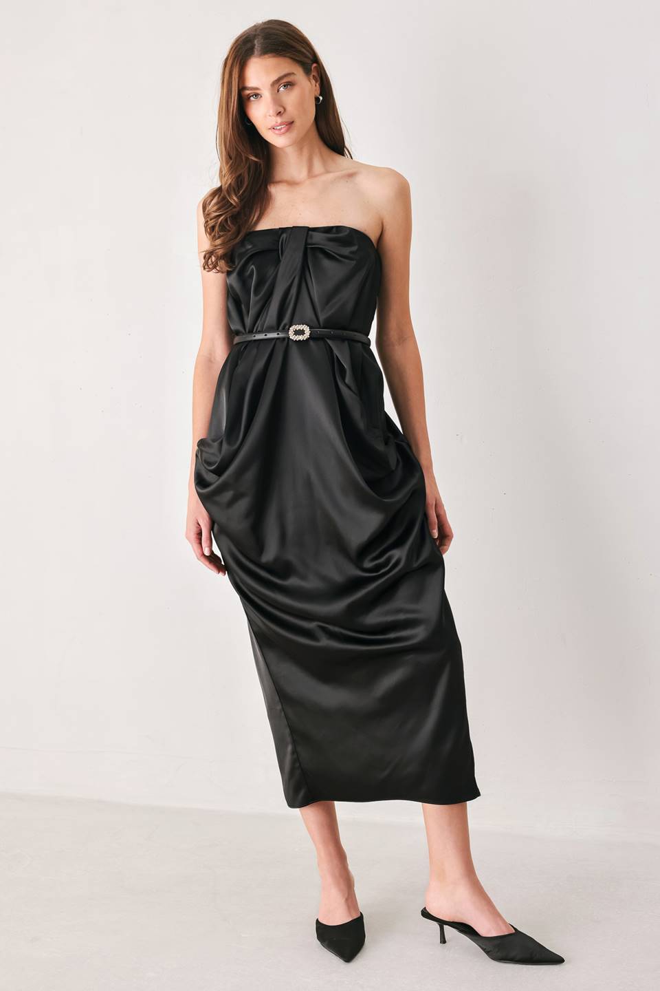 NOIR DRAPE BLACK RUCHED TULIP-SKIRT MIDI DRESS