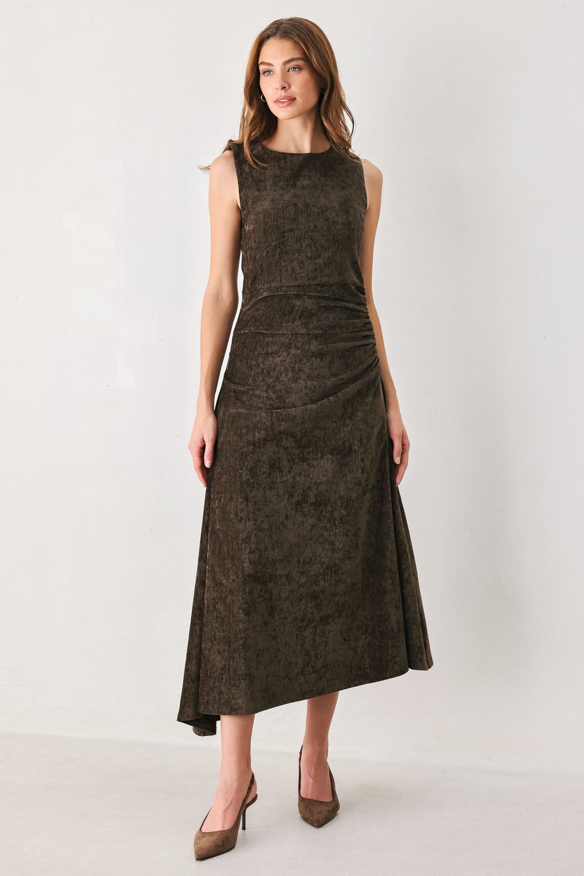 COCOA TWIST BROWN CHENILLE OPEN-BACK MIDI DRESS