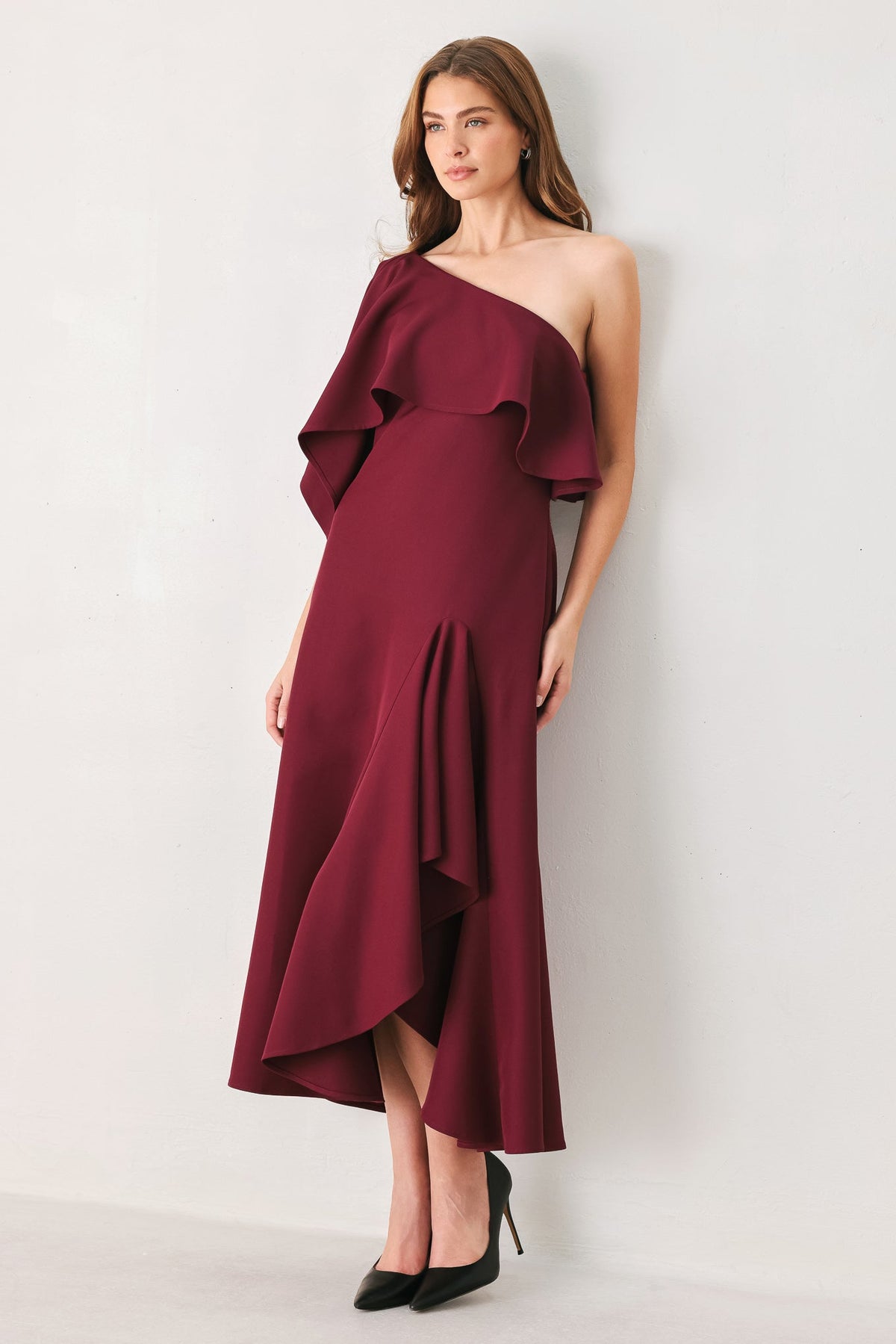 WINE CASCADE BURGUNDY ONE-SHOULDER RUFFLE MIDI DRESS