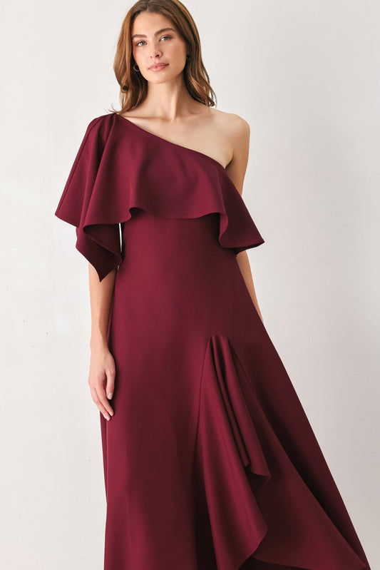 WINE CASCADE BURGUNDY ONE-SHOULDER RUFFLE MIDI DRESS