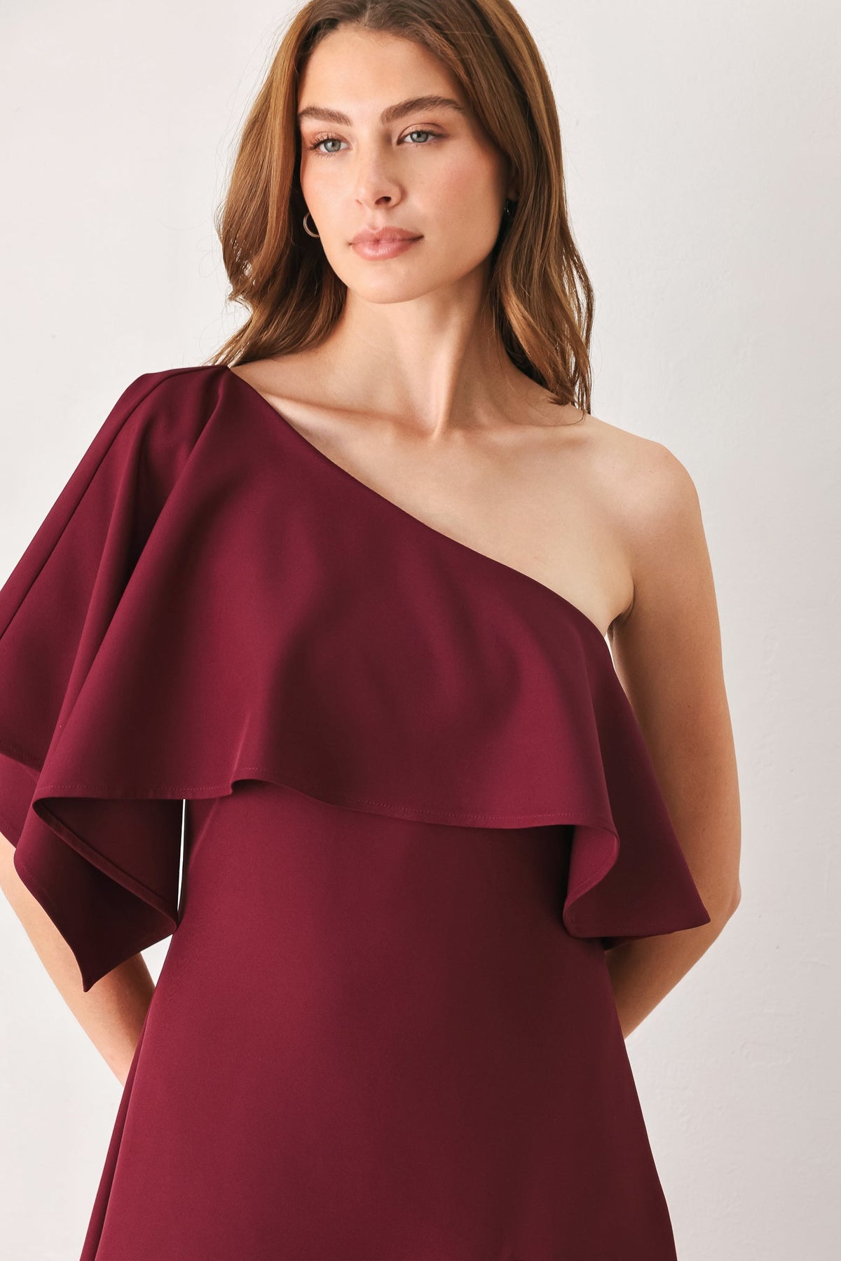 WINE CASCADE BURGUNDY ONE-SHOULDER RUFFLE MIDI DRESS