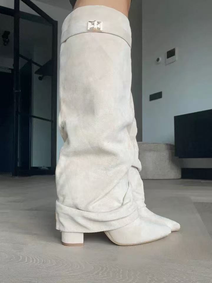 Women's Slouchy Pleated Mid-Calf Boots – Pointed Toe Chunky Heel Faux Suede