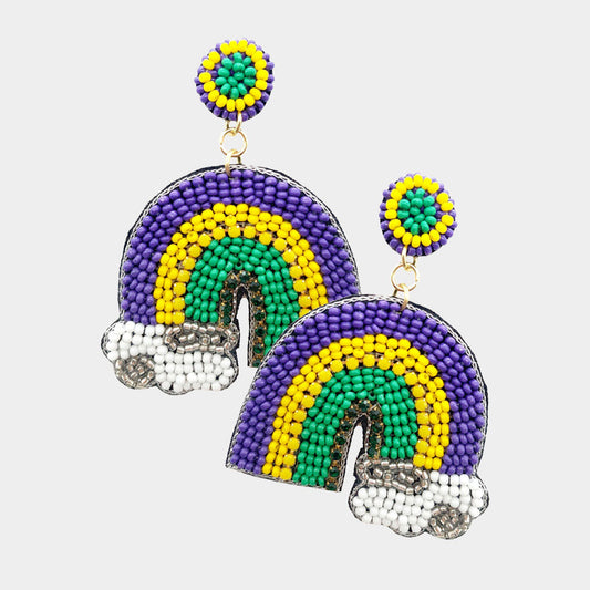 Mardi Gras Felt Back Seed Beaded Rainbow Dangle Earrings